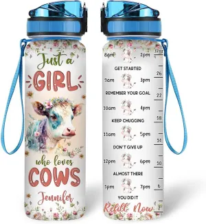 Hyturtle Personalized Cow Lovers 32 Oz 1Liter Motivational Water Bottle With Time Marker, Just A Girl Who Loves Cows, Animal Lovers Gifts For Women, Girl On Birthday, Christmas