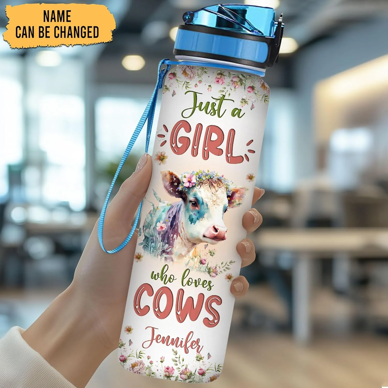 Hyturtle Personalized Cow Lovers 32 Oz 1Liter Motivational Water Bottle With Time Marker, Just A Girl Who Loves Cows, Animal Lovers Gifts For Women, Girl On Birthday, Christmas