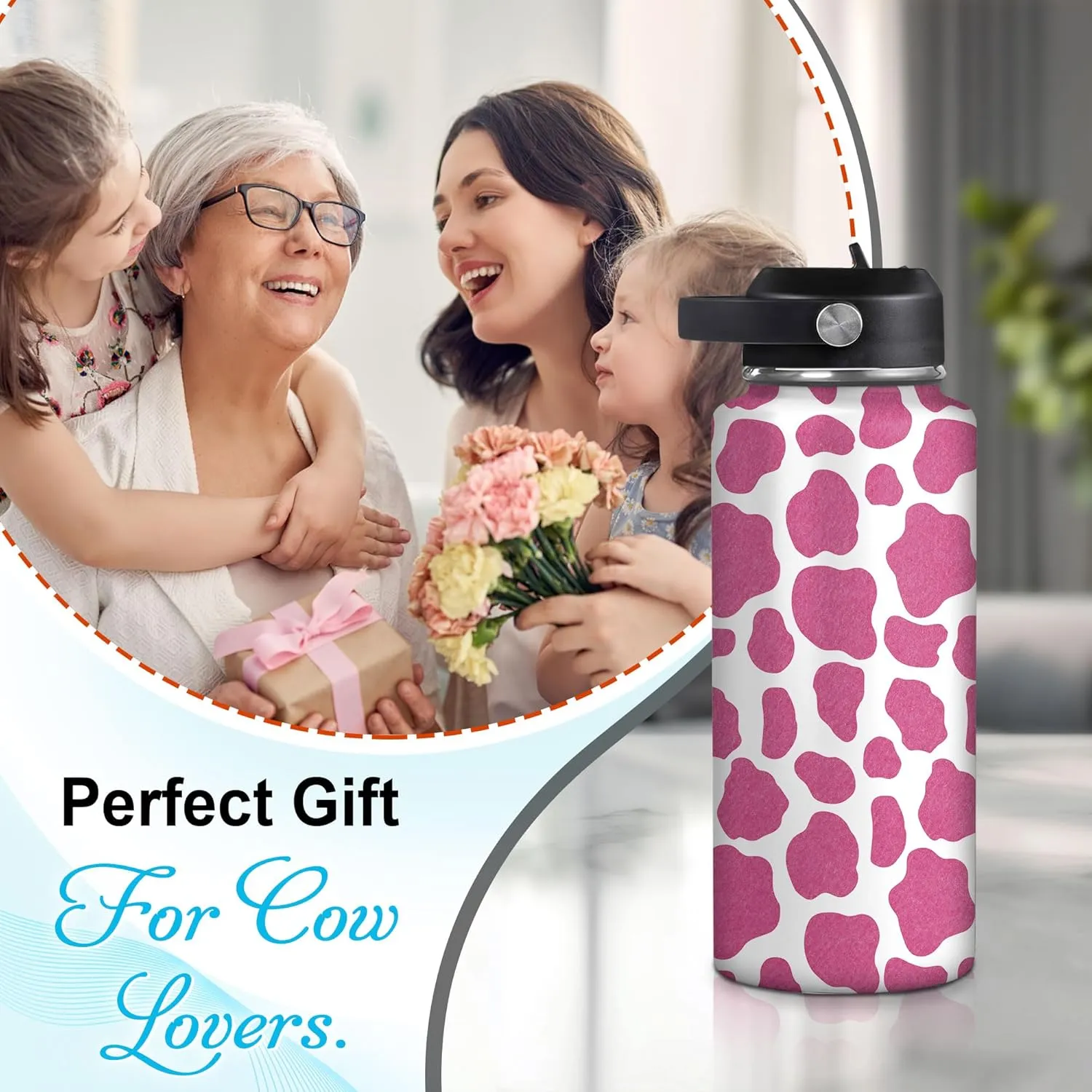 Hyturtle Personalized Cow Water Bottle - Insulated Stainless Steel Bottle with Leak-Proof Lid 18oz 32oz - Cow Print Gift for Women, Girls, Cow Lover Animal Lovers - Birthday & Christmas Gift