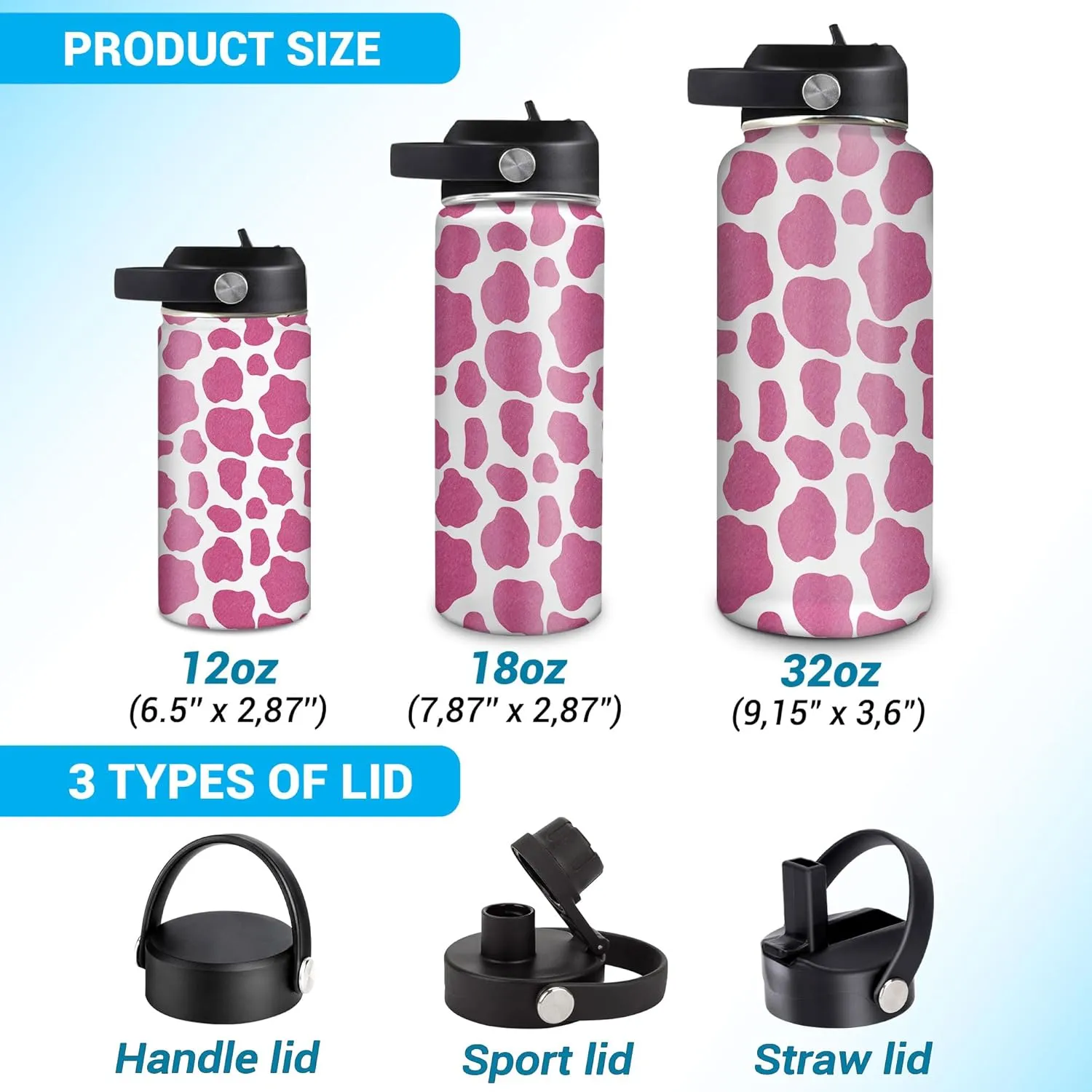 Hyturtle Personalized Cow Water Bottle - Insulated Stainless Steel Bottle with Leak-Proof Lid 18oz 32oz - Cow Print Gift for Women, Girls, Cow Lover Animal Lovers - Birthday & Christmas Gift