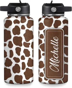 Hyturtle Personalized Cow Water Bottle - Insulated Stainless Steel Bottle with Leak-Proof Lid 18oz 32oz - Cow Print Gift for Women, Girls, Cow Lover Animal Lovers - Birthday & Christmas Gift