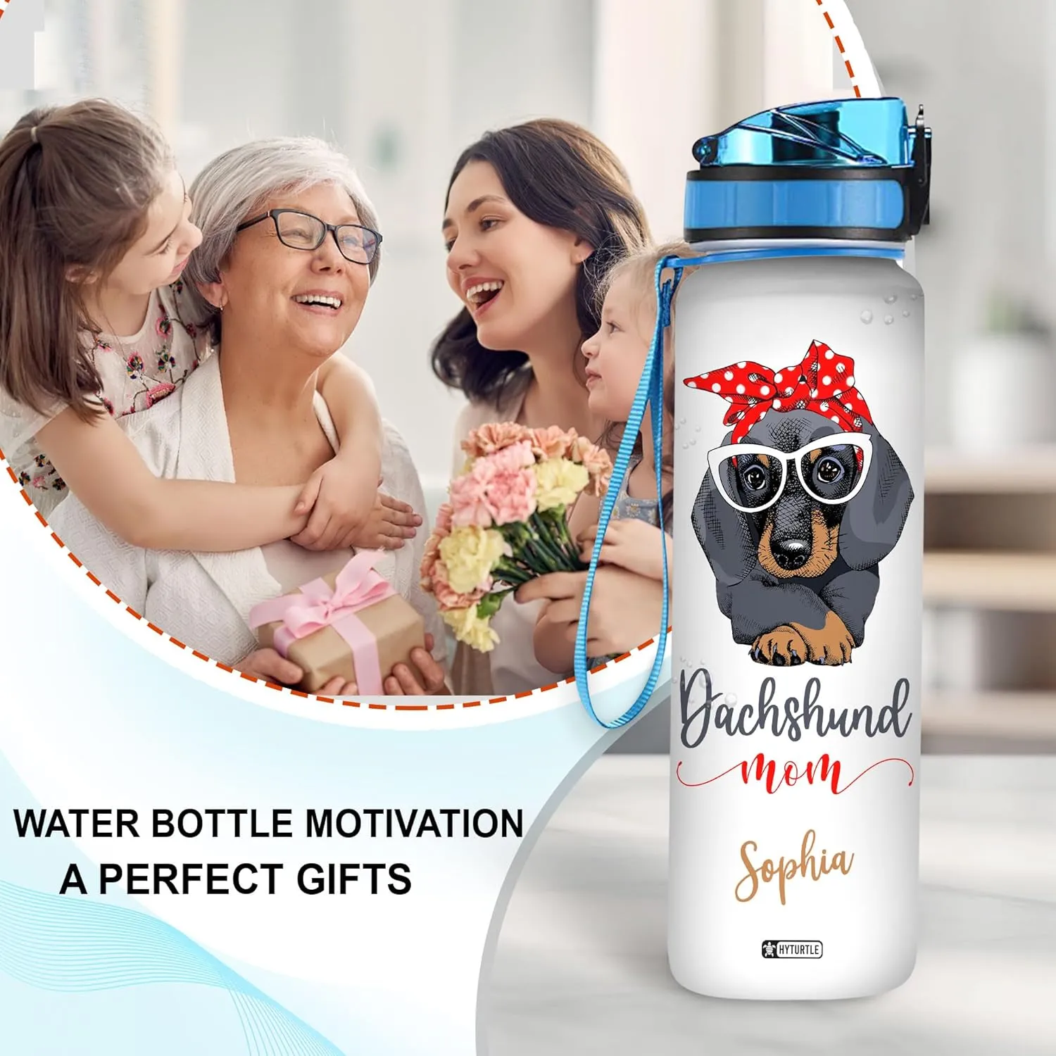 Hyturtle Personalized Dog Dachshund Mom 32Oz Liter Motivational Water Bottle, Customized Name With Time Marker Gifts For Women Girls Boys Friends Dog Lover Dachshund Lover On Mother's Day Birthday