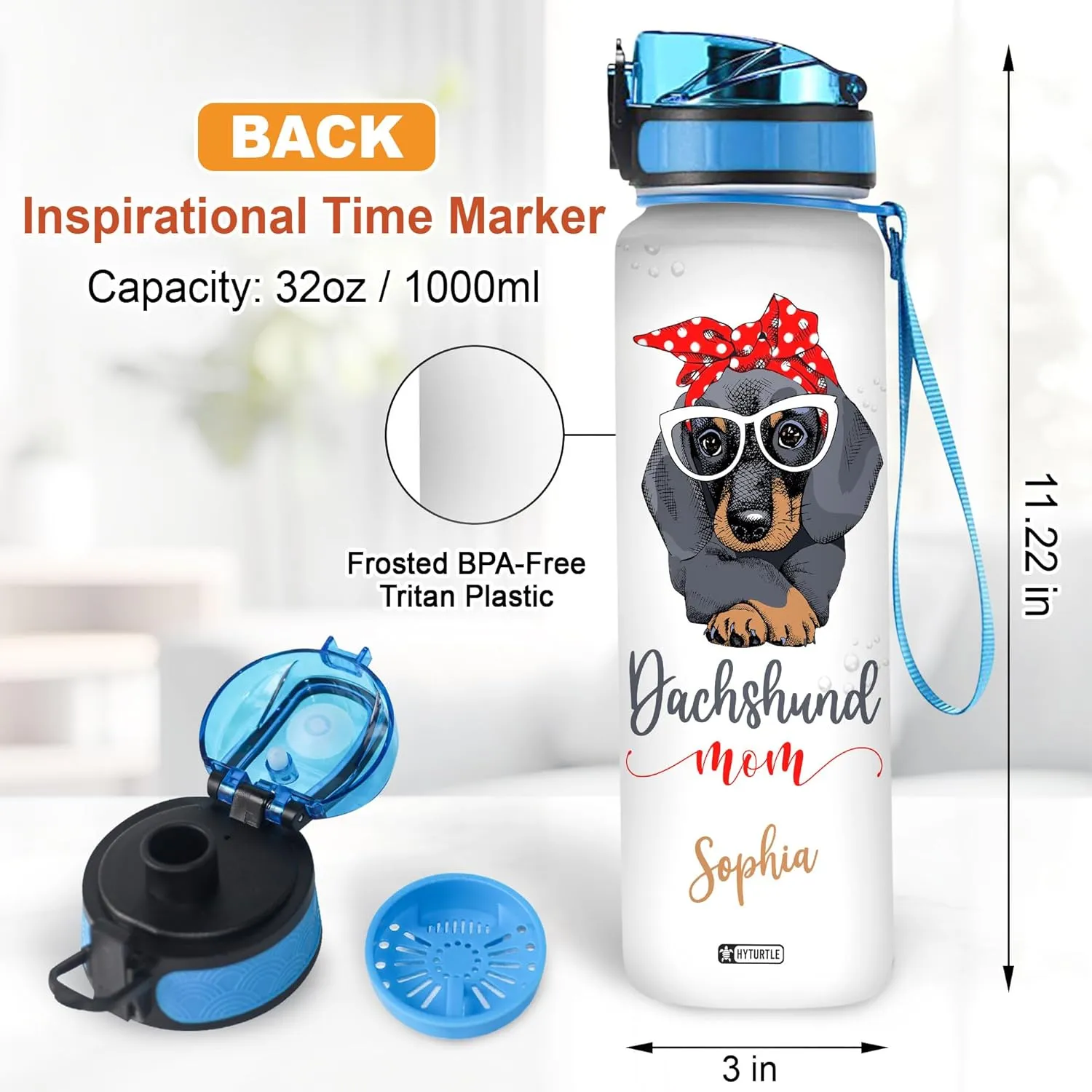 Hyturtle Personalized Dog Dachshund Mom 32Oz Liter Motivational Water Bottle, Customized Name With Time Marker Gifts For Women Girls Boys Friends Dog Lover Dachshund Lover On Mother's Day Birthday