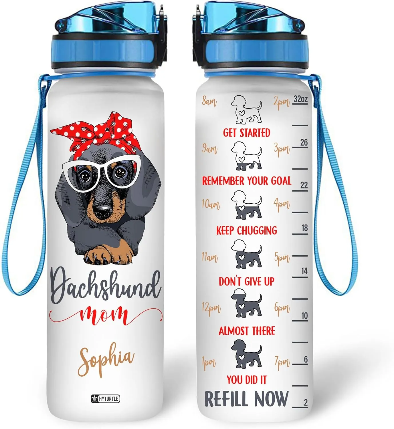 Hyturtle Personalized Dog Dachshund Mom 32Oz Liter Motivational Water Bottle, Customized Name With Time Marker Gifts For Women Girls Boys Friends Dog Lover Dachshund Lover On Mother's Day Birthday