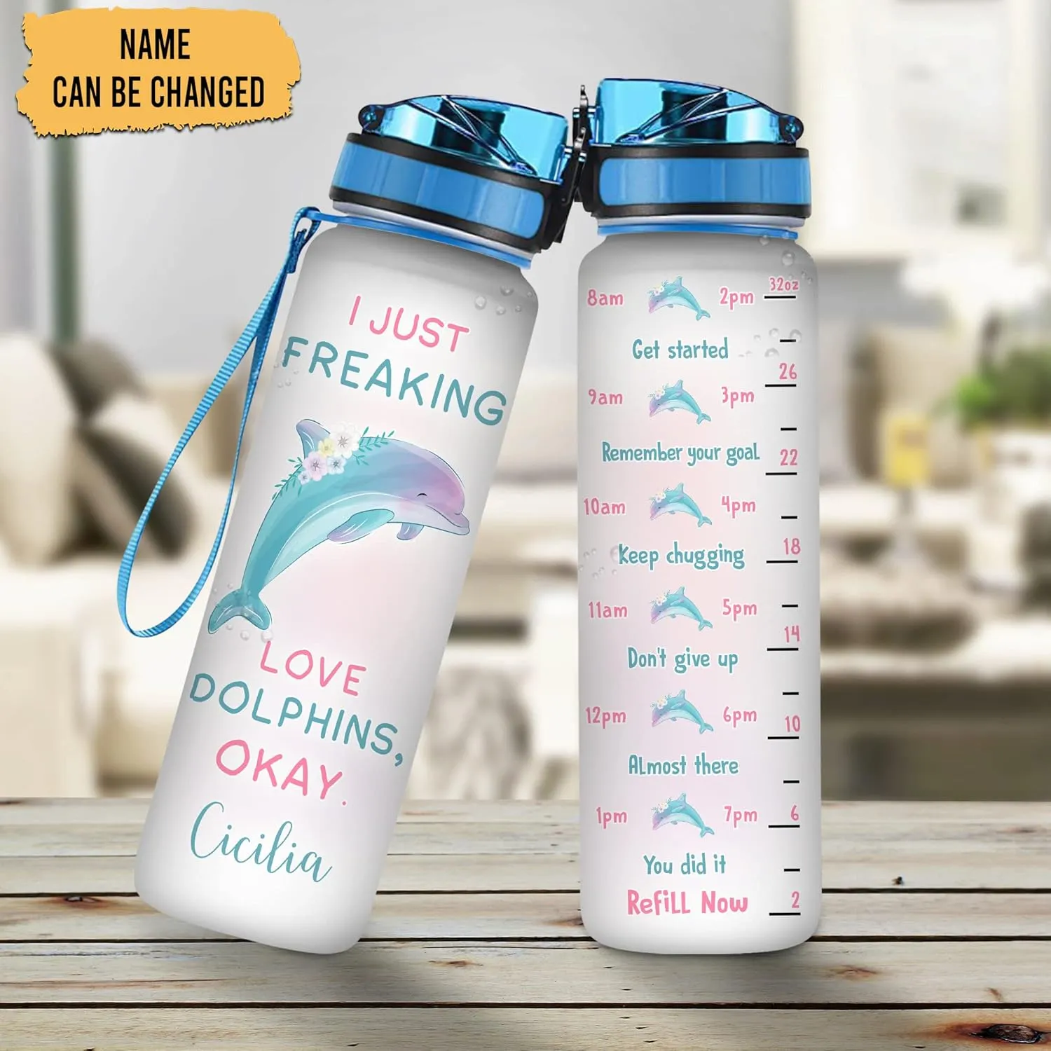 Hyturtle Personalized Dolphin Lovers 32Oz Liter Motivational Water Bottle, I Just Freaking Love Dolphins Customized Name Water Bottle With Time Marker Gift For Women Girl On Birthday, Mother Day's