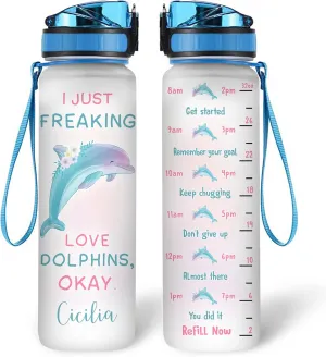 Hyturtle Personalized Dolphin Lovers 32Oz Liter Motivational Water Bottle, I Just Freaking Love Dolphins Customized Name Water Bottle With Time Marker Gift For Women Girl On Birthday, Mother Day's