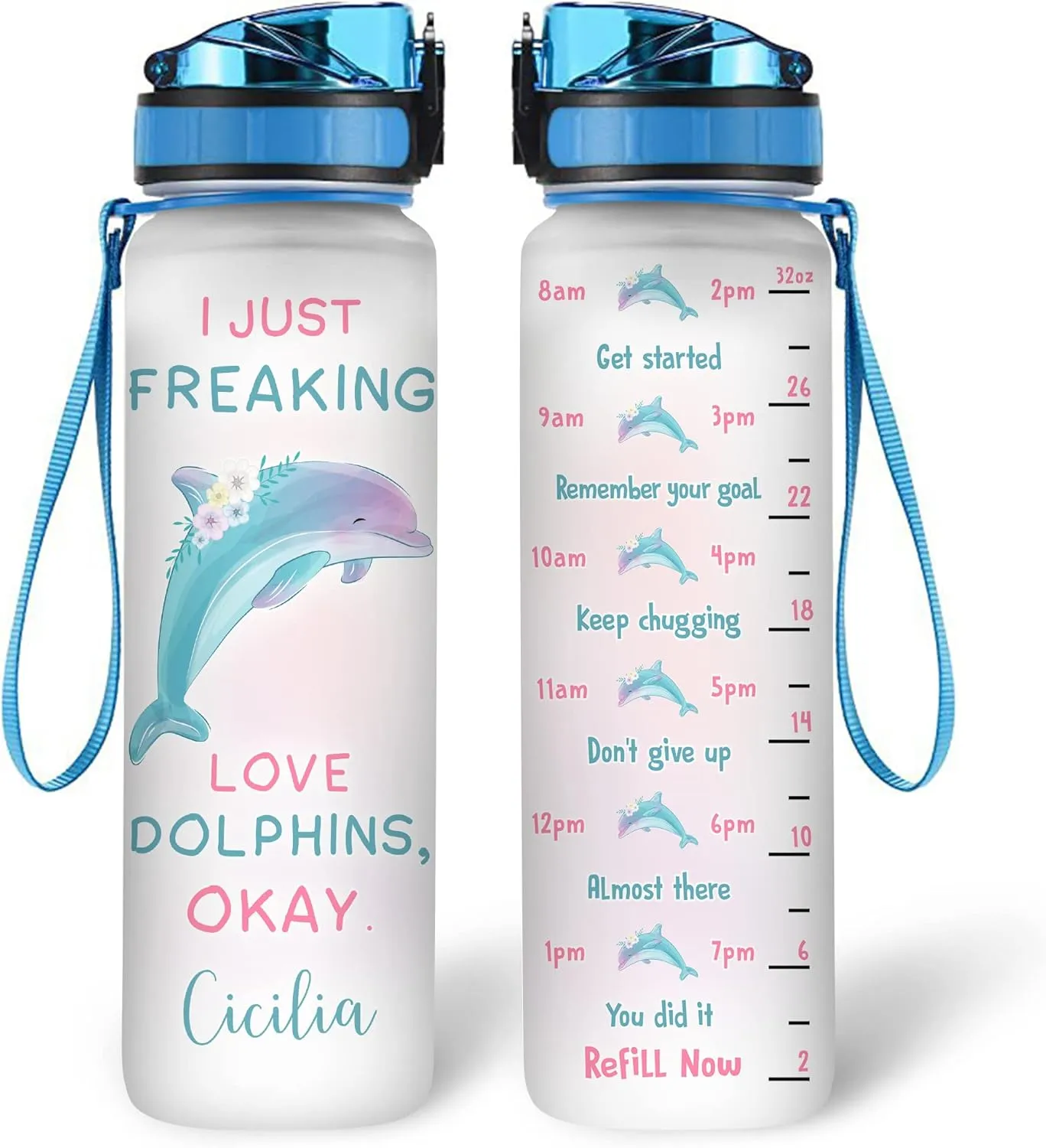 Hyturtle Personalized Dolphin Lovers 32Oz Liter Motivational Water Bottle, I Just Freaking Love Dolphins Customized Name Water Bottle With Time Marker Gift For Women Girl On Birthday, Mother Day's