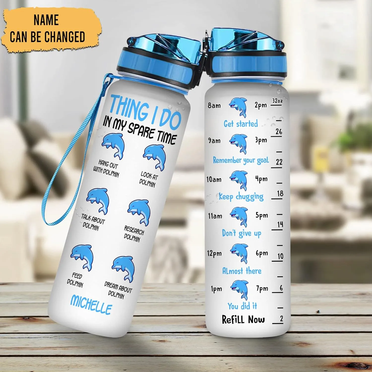Hyturtle Personalized Dolphin Lovers 32Oz Liter Motivational Water Bottle, Thing I Do In My Spare Time Customized Name Water Bottle With Time Marker Gift For Women Girl On Birthday, Mother Day's