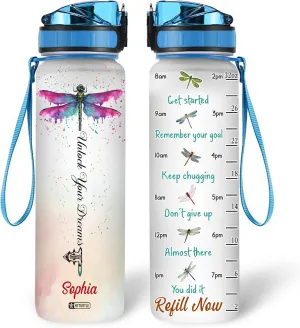 Hyturtle Personalized Dragonfly Unlock Your Dream 32Oz Liter Motivational Water Bottle, Customized Name With Time Marker, Gifts For Women Girls Friends Family Dragonfly Lover On Birthday Mother's Day