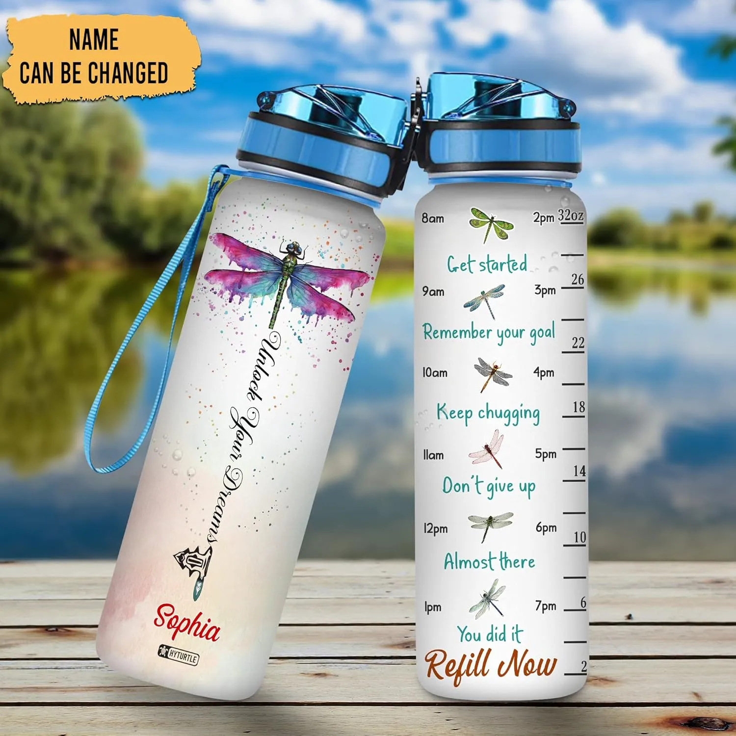 Hyturtle Personalized Dragonfly Unlock Your Dream 32Oz Liter Motivational Water Bottle, Customized Name With Time Marker, Gifts For Women Girls Friends Family Dragonfly Lover On Birthday Mother's Day