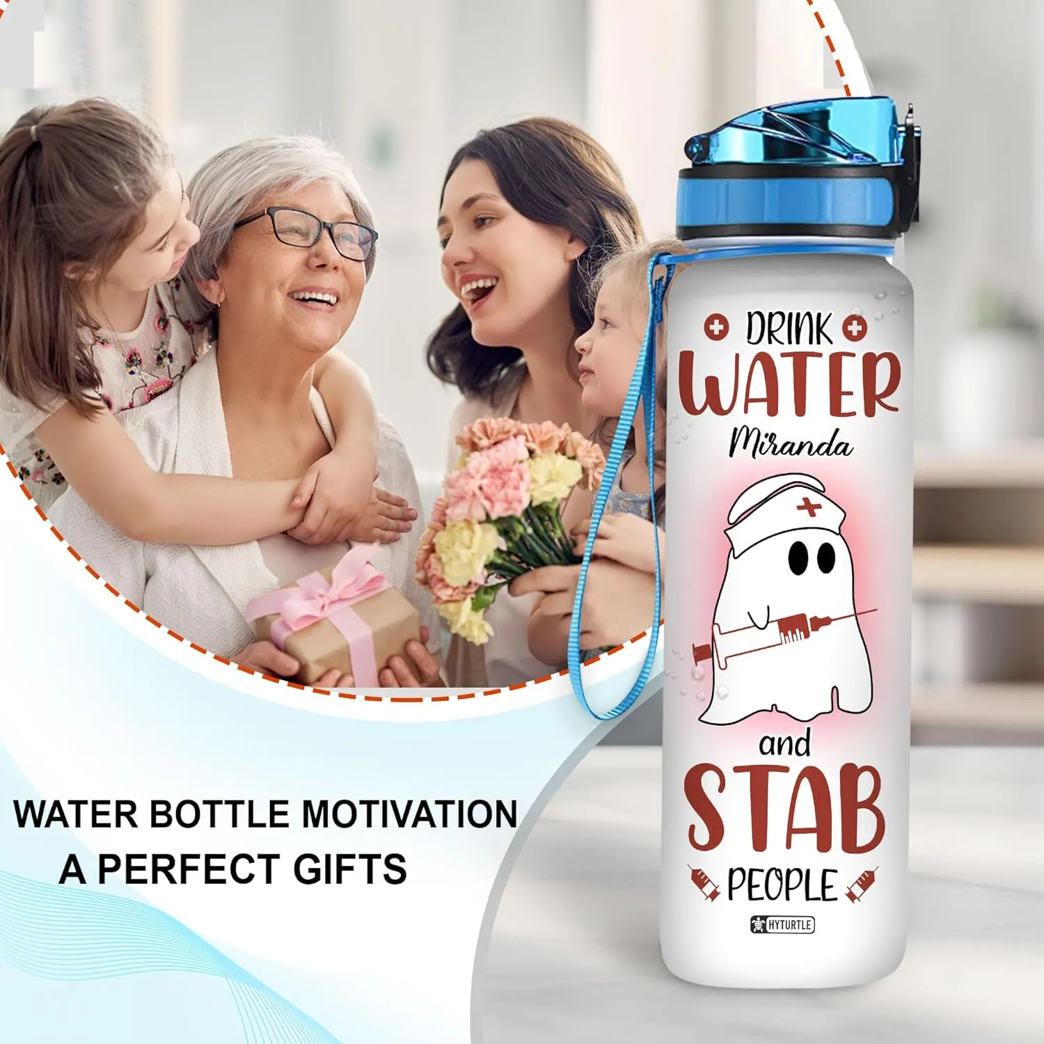 Hyturtle Personalized Drink Water & Stab People Nurse 32oz Liter Motivational Water Bottle, Customized Name Water Bottle Funny Nurse Gifts For Nurse Graduation Women Coworker On Birthday Mother's Day