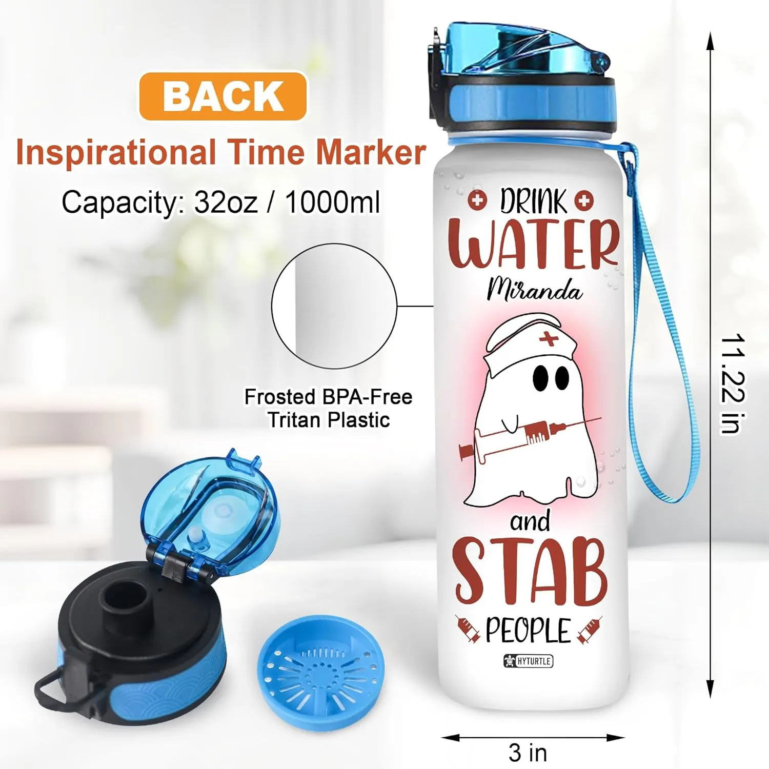Hyturtle Personalized Drink Water & Stab People Nurse 32oz Liter Motivational Water Bottle, Customized Name Water Bottle Funny Nurse Gifts For Nurse Graduation Women Coworker On Birthday Mother's Day
