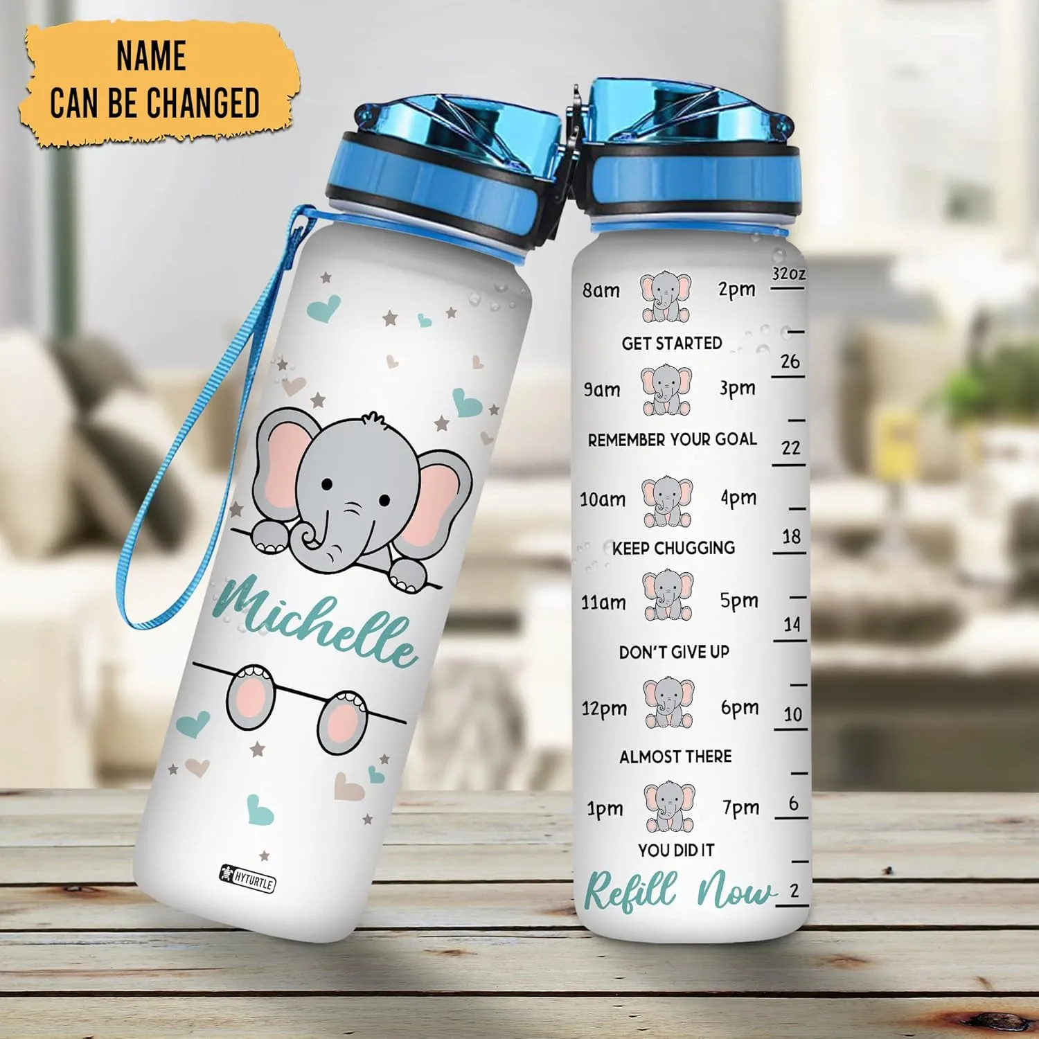Hyturtle Personalized Elephant Lovers 32 Oz 1Liter Motivational Water Bottle, Elephant Custom Water Bottle With Time Marker, Animal Lover Gifts For Women Girl On Birthday