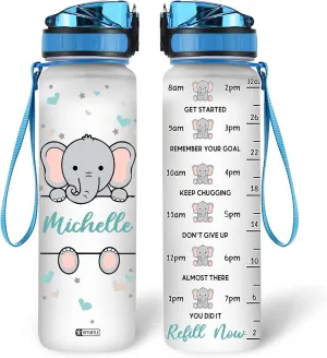 Hyturtle Personalized Elephant Lovers 32 Oz 1Liter Motivational Water Bottle, Elephant Custom Water Bottle With Time Marker, Animal Lover Gifts For Women Girl On Birthday