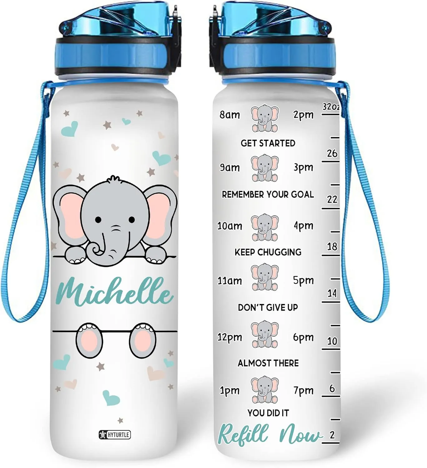 Hyturtle Personalized Elephant Lovers 32 Oz 1Liter Motivational Water Bottle, Elephant Custom Water Bottle With Time Marker, Animal Lover Gifts For Women Girl On Birthday