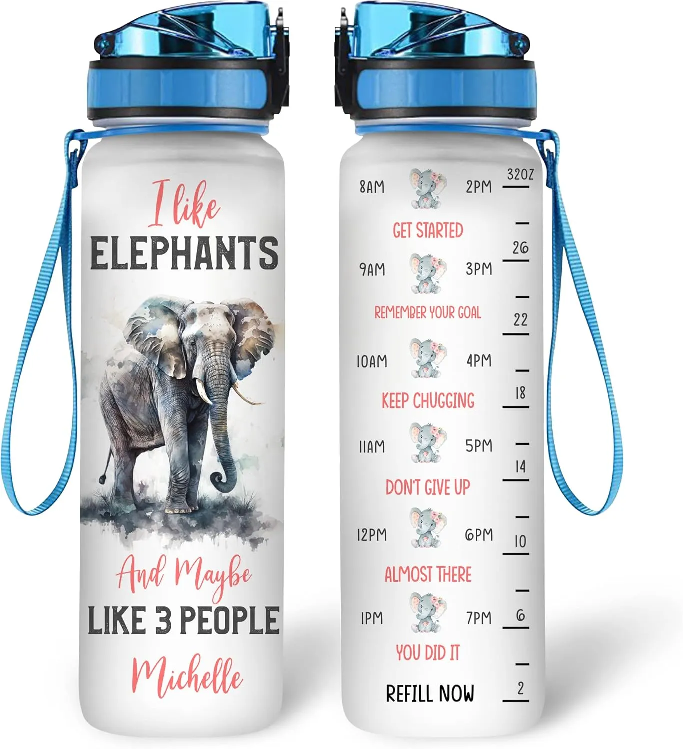 Hyturtle Personalized Elephant Lovers 32 Oz 1Liter Motivational Water Bottle, I Like Elephants Custom Water Bottle With Time Marker, Animal Lover Gifts For Women Girl On Birthday, Christmas