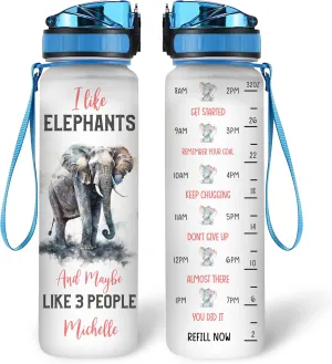 Hyturtle Personalized Elephant Lovers 32 Oz 1Liter Motivational Water Bottle, I Like Elephants Custom Water Bottle With Time Marker, Animal Lover Gifts For Women Girl On Birthday, Christmas