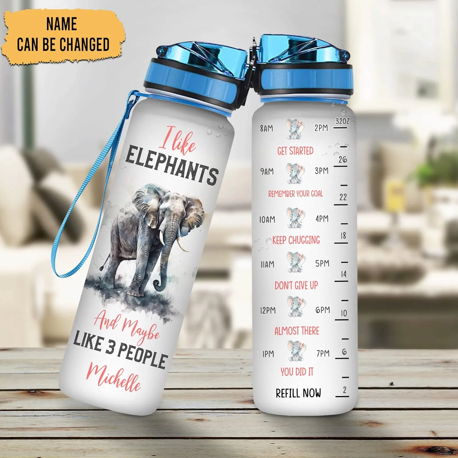 Hyturtle Personalized Elephant Lovers 32 Oz 1Liter Motivational Water Bottle, I Like Elephants Custom Water Bottle With Time Marker, Animal Lover Gifts For Women Girl On Birthday, Christmas