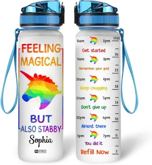 Hyturtle Personalized Feeling Magical But Also Stabby Rainbow Horse LGBT 32Oz Liter Motivational Water Bottle, Customized Name With Time Marker Gift For Women Rainbow Lovers LGBT Lovers On Pride Day