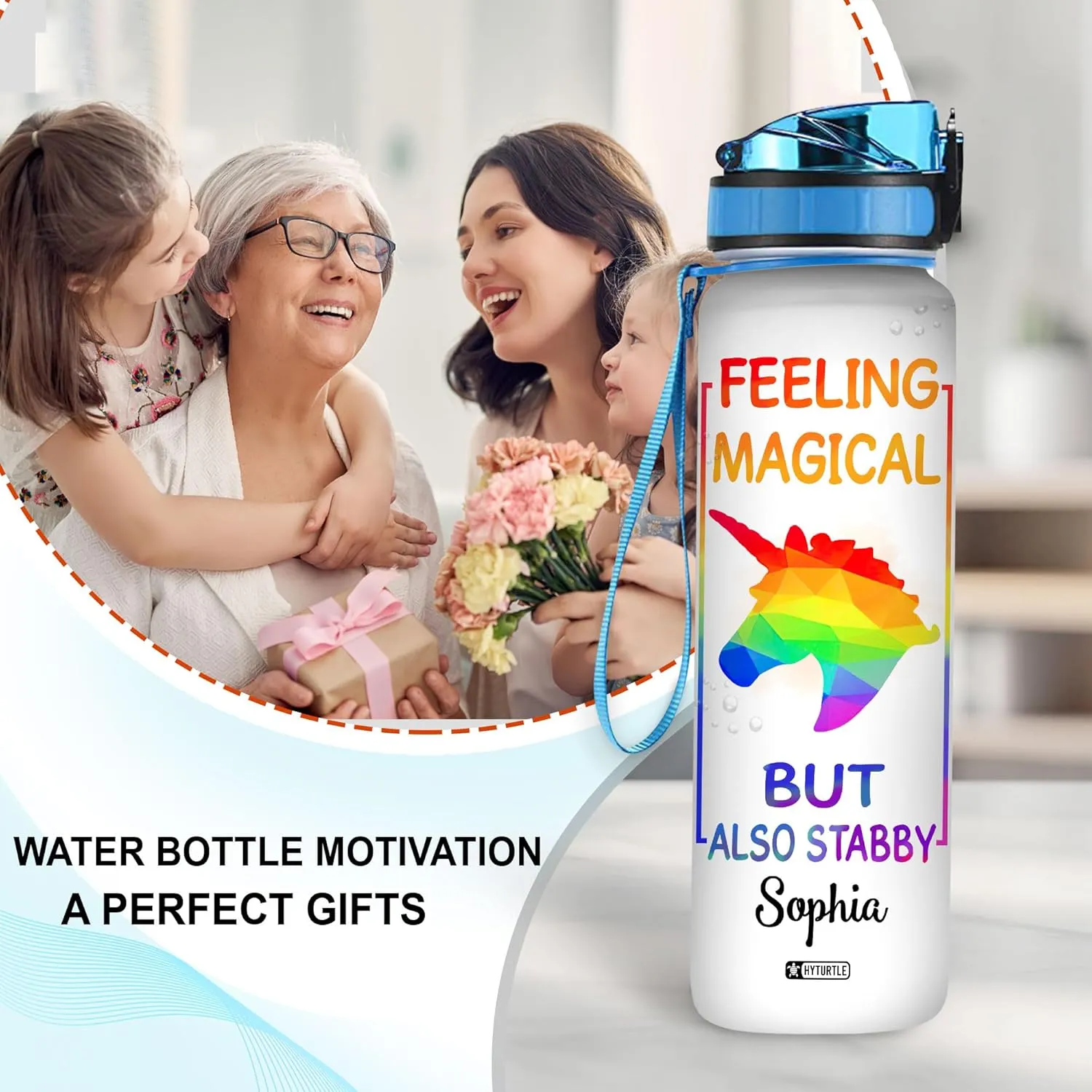 Hyturtle Personalized Feeling Magical But Also Stabby Rainbow Horse LGBT 32Oz Liter Motivational Water Bottle, Customized Name With Time Marker Gift For Women Rainbow Lovers LGBT Lovers On Pride Day