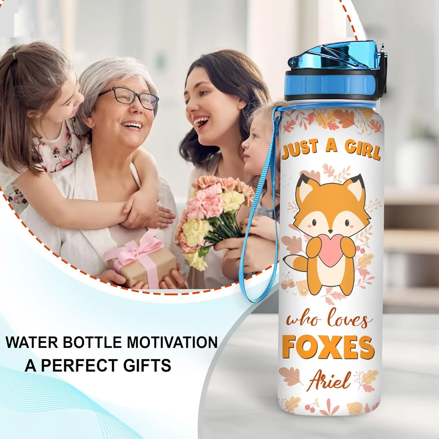 Hyturtle Personalized Fox Lovers 32 Oz 1Liter Motivational Water Bottle, Just A Girl Who Loves Foxes Custom Name Water Bottle With Time Marker, Gifts For Women Girl On Birthday, Mother Day's