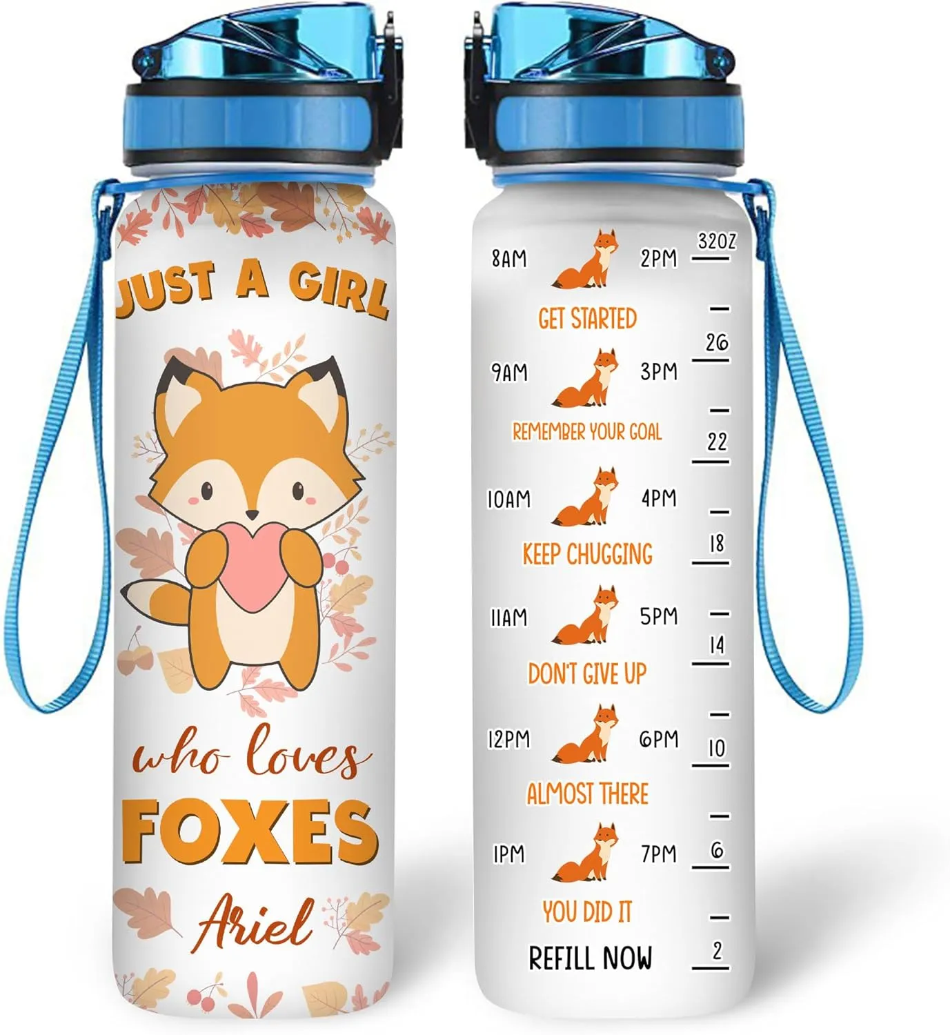 Hyturtle Personalized Fox Lovers 32 Oz 1Liter Motivational Water Bottle, Just A Girl Who Loves Foxes Custom Name Water Bottle With Time Marker, Gifts For Women Girl On Birthday, Mother Day's