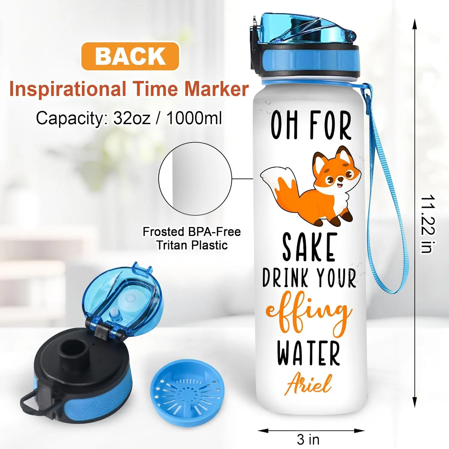 Hyturtle Personalized Fox Lovers 32 Oz 1Liter Motivational Water Bottle, Oh For Sake Drink Your Effing Water Custom Name Water Bottle With Time Marker, Gifts For Women Girl On Birthday, Mother Day's