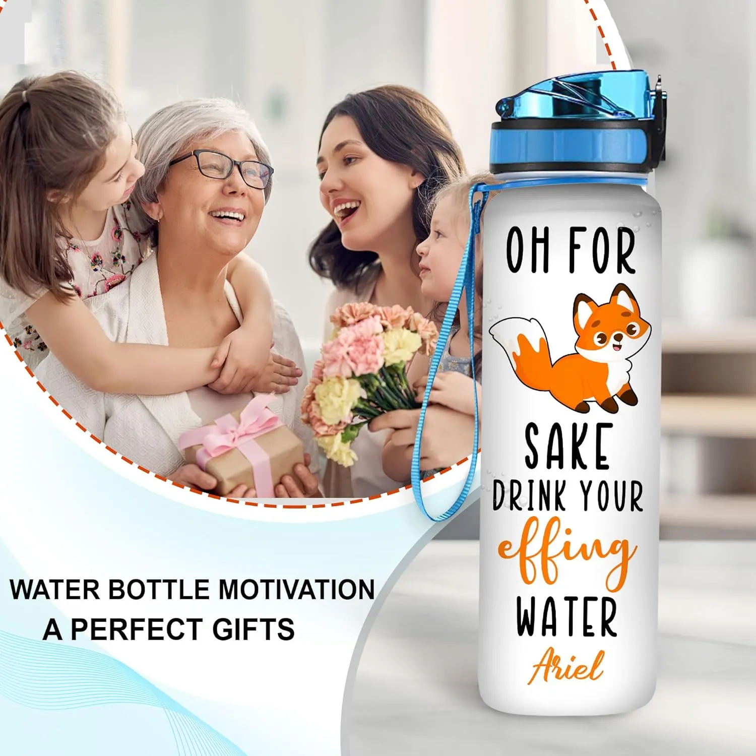 Hyturtle Personalized Fox Lovers 32 Oz 1Liter Motivational Water Bottle, Oh For Sake Drink Your Effing Water Custom Name Water Bottle With Time Marker, Gifts For Women Girl On Birthday, Mother Day's