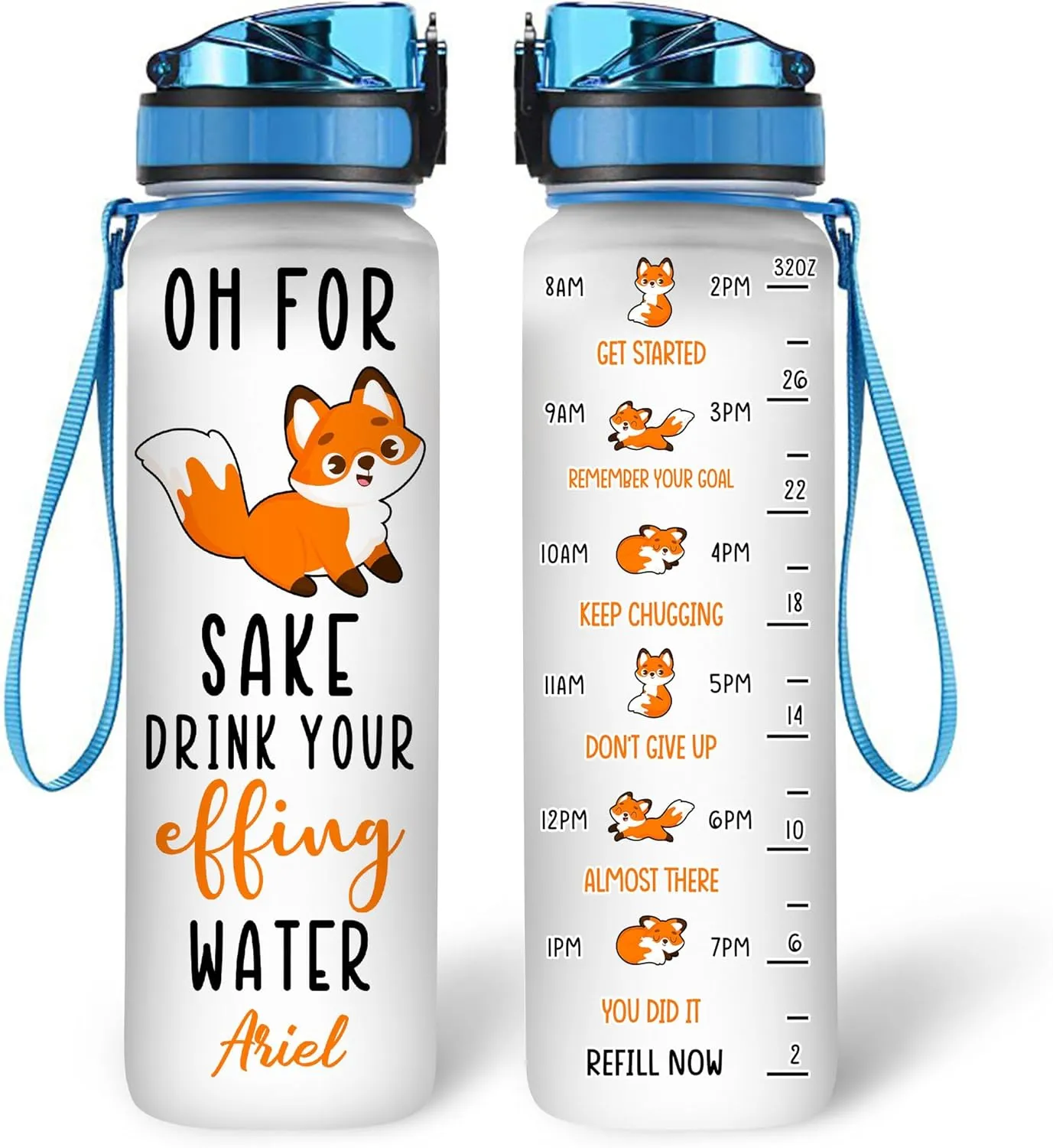 Hyturtle Personalized Fox Lovers 32 Oz 1Liter Motivational Water Bottle, Oh For Sake Drink Your Effing Water Custom Name Water Bottle With Time Marker, Gifts For Women Girl On Birthday, Mother Day's