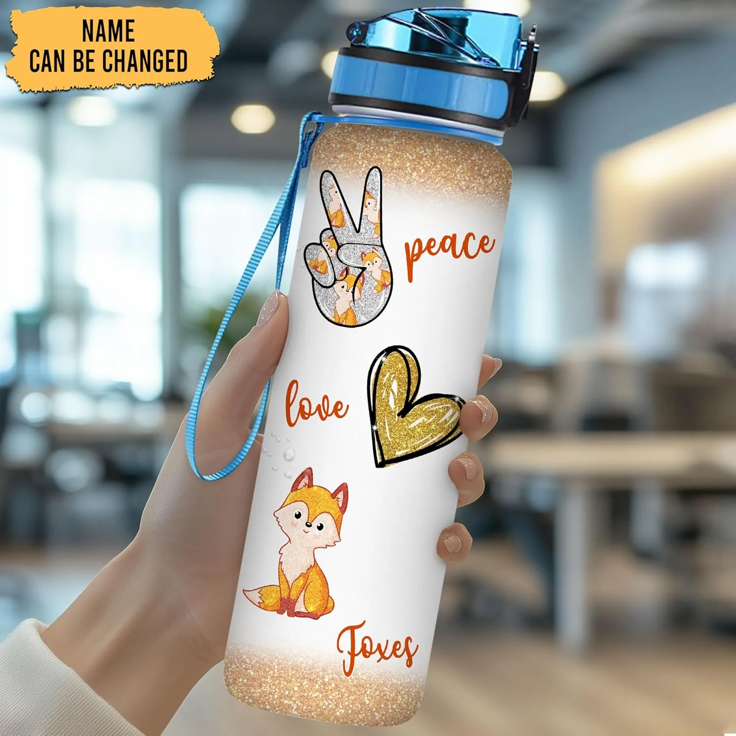 Hyturtle Personalized Fox Lovers 32 Oz 1Liter Motivational Water Bottle, Peace Love Foxes Custom Name Water Bottle With Time Marker, Gifts For Women Girl Daughter On Birthday, Mother Day's