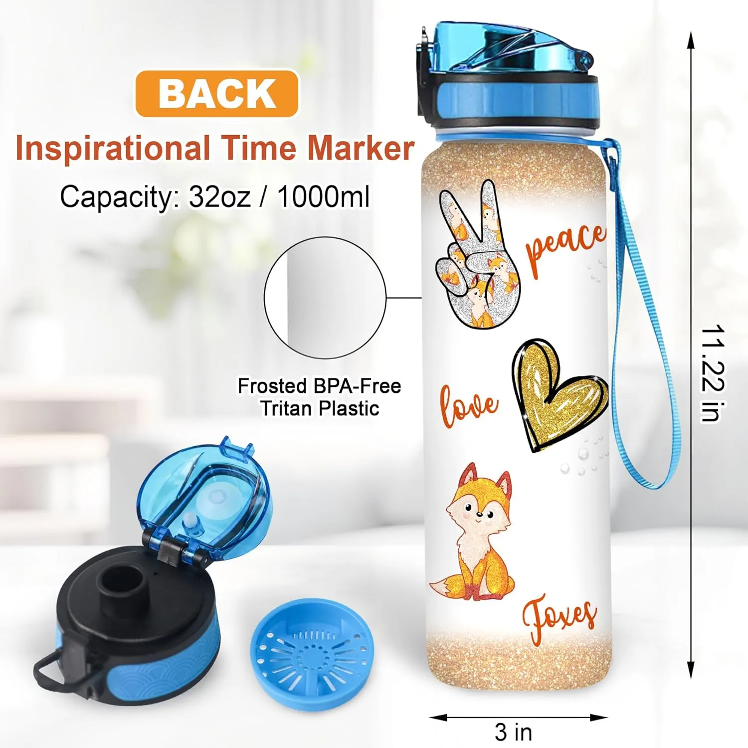 Hyturtle Personalized Fox Lovers 32 Oz 1Liter Motivational Water Bottle, Peace Love Foxes Custom Name Water Bottle With Time Marker, Gifts For Women Girl Daughter On Birthday, Mother Day's