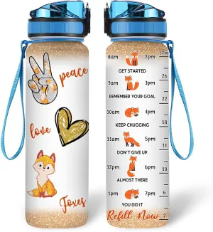 Hyturtle Personalized Fox Lovers 32 Oz 1Liter Motivational Water Bottle, Peace Love Foxes Custom Name Water Bottle With Time Marker, Gifts For Women Girl Daughter On Birthday, Mother Day's