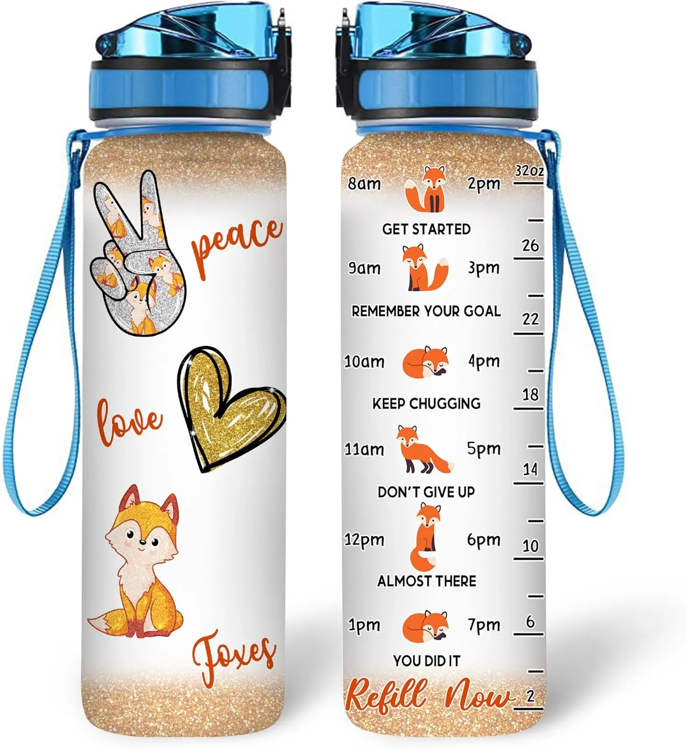 Hyturtle Personalized Fox Lovers 32 Oz 1Liter Motivational Water Bottle, Peace Love Foxes Custom Name Water Bottle With Time Marker, Gifts For Women Girl Daughter On Birthday, Mother Day's