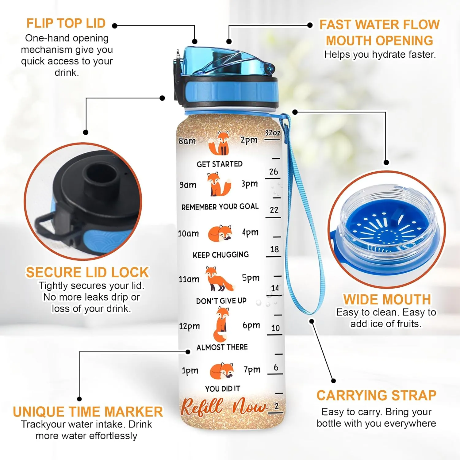 Hyturtle Personalized Fox Lovers 32 Oz 1Liter Motivational Water Bottle, Peace Love Foxes Custom Name Water Bottle With Time Marker, Gifts For Women Girl Daughter On Birthday, Mother Day's
