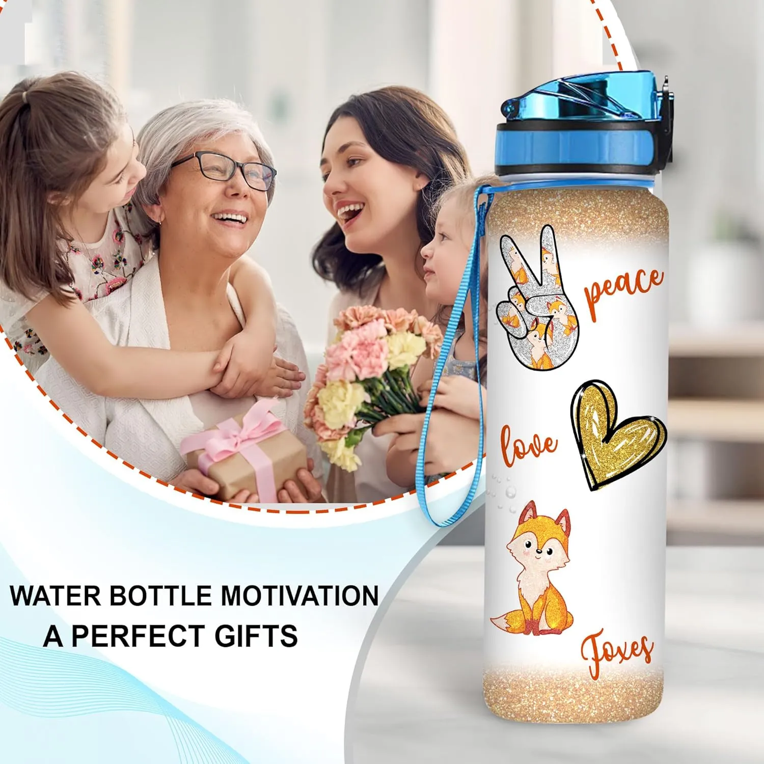 Hyturtle Personalized Fox Lovers 32 Oz 1Liter Motivational Water Bottle, Peace Love Foxes Custom Name Water Bottle With Time Marker, Gifts For Women Girl Daughter On Birthday, Mother Day's