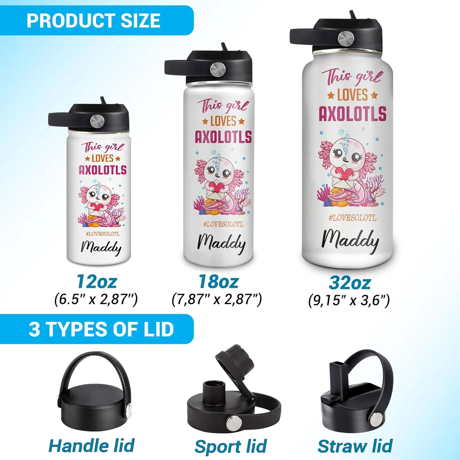 Hyturtle Personalized Gifts For Axolotl Lovers, Women, Friend - Birthday, Christmas, Holiday - This Girl Loves Axolotl 12oz 18oz 32oz Stainless Steel Bottle With Straw Lid - Gifts For Men, Women