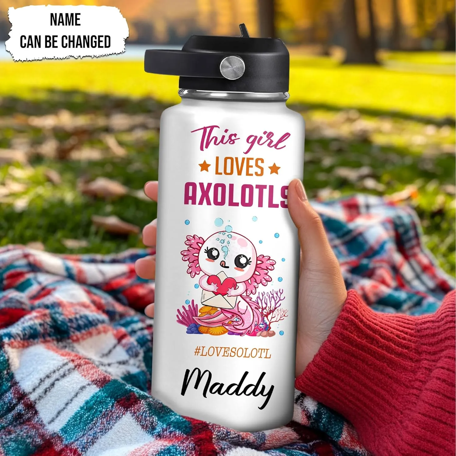 Hyturtle Personalized Gifts For Axolotl Lovers, Women, Friend - Birthday, Christmas, Holiday - This Girl Loves Axolotl 12oz 18oz 32oz Stainless Steel Bottle With Straw Lid - Gifts For Men, Women
