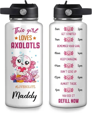 Hyturtle Personalized Gifts For Axolotl Lovers, Women, Friend - Birthday, Christmas, Holiday - This Girl Loves Axolotl 12oz 18oz 32oz Stainless Steel Bottle With Straw Lid - Gifts For Men, Women