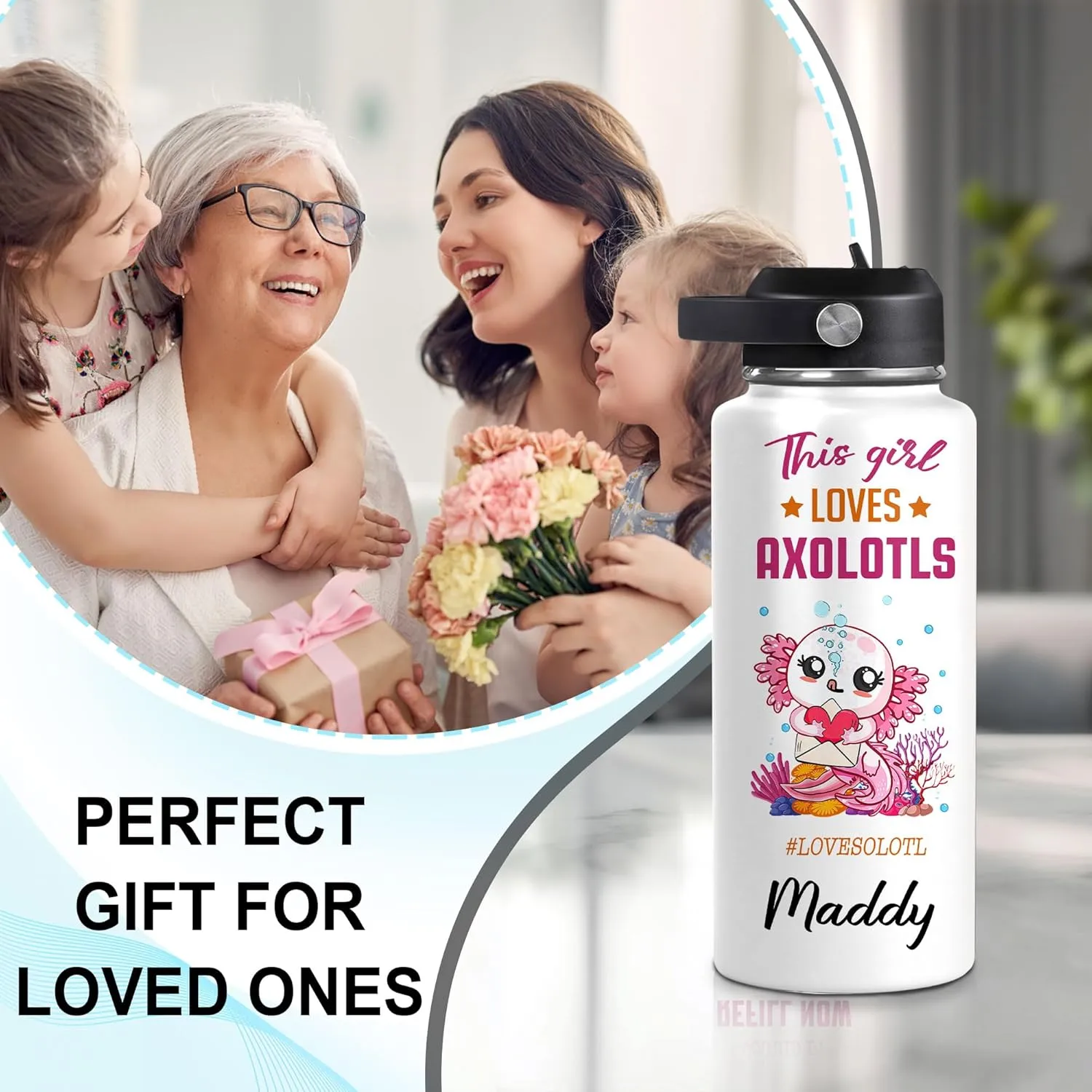 Hyturtle Personalized Gifts For Axolotl Lovers, Women, Friend - Birthday, Christmas, Holiday - This Girl Loves Axolotl 12oz 18oz 32oz Stainless Steel Bottle With Straw Lid - Gifts For Men, Women