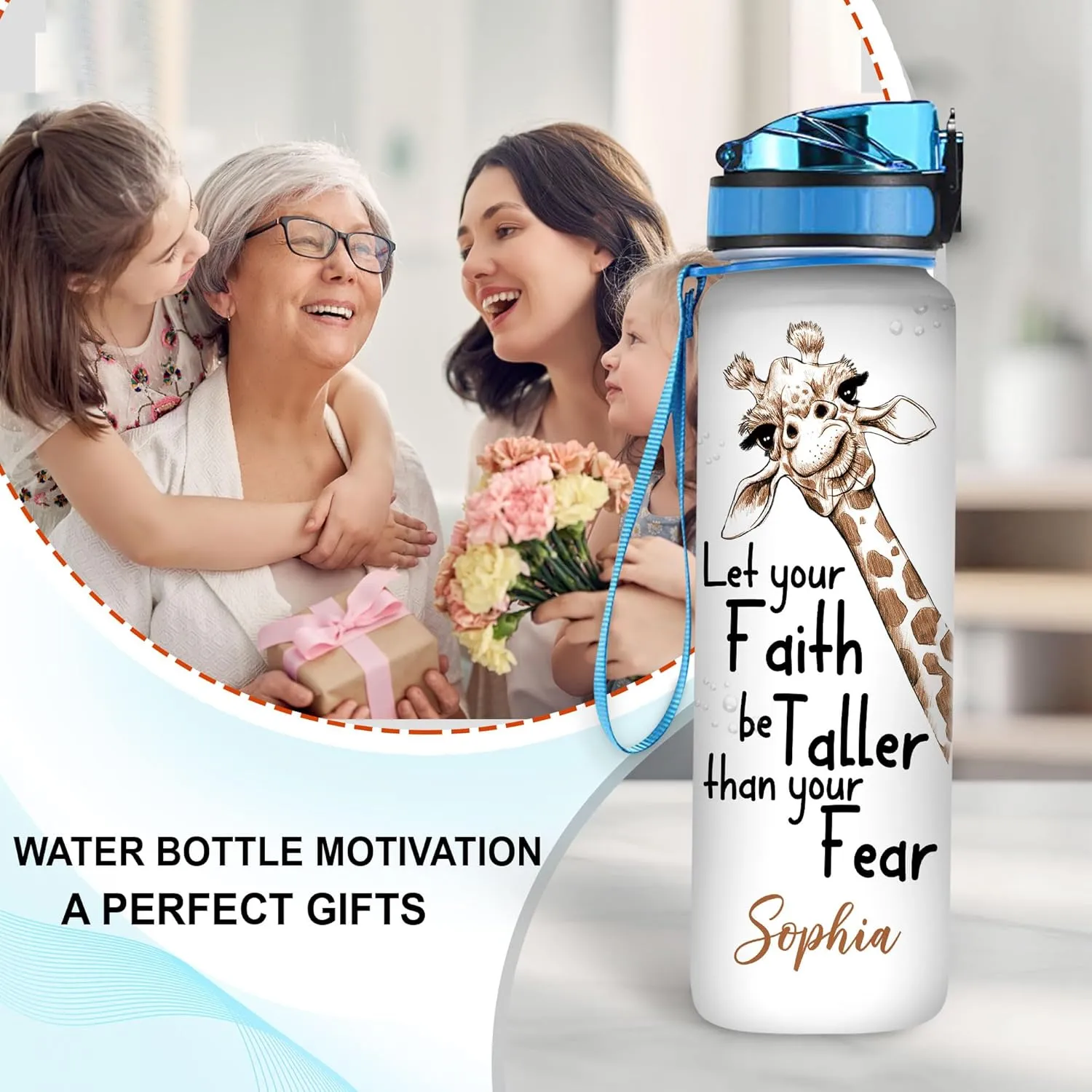 Hyturtle Personalized Giraffe Gifts For Women - Let Your Faith Be Taller Than Your Fear Customized Name 32oz 1Liter Motivational Water Bottle, Gift For Mom Girl Women On Christmas, Birthday