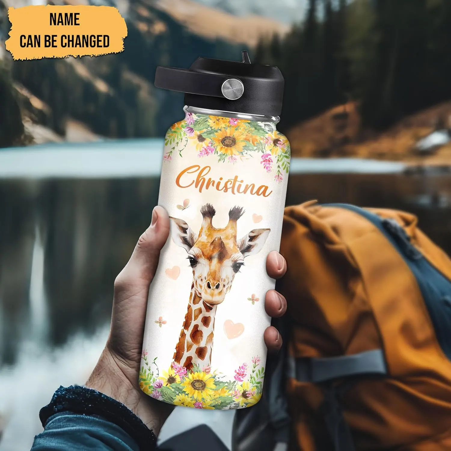 Hyturtle Personalized Giraffe Water Bottle - Custom Name Insulated Stainless Steel Bottle with Leak-Proof Lid 18oz 32oz - Animal Lover Gift for Women Girls Giraffe Lovers - Birthday & Christmas Gift