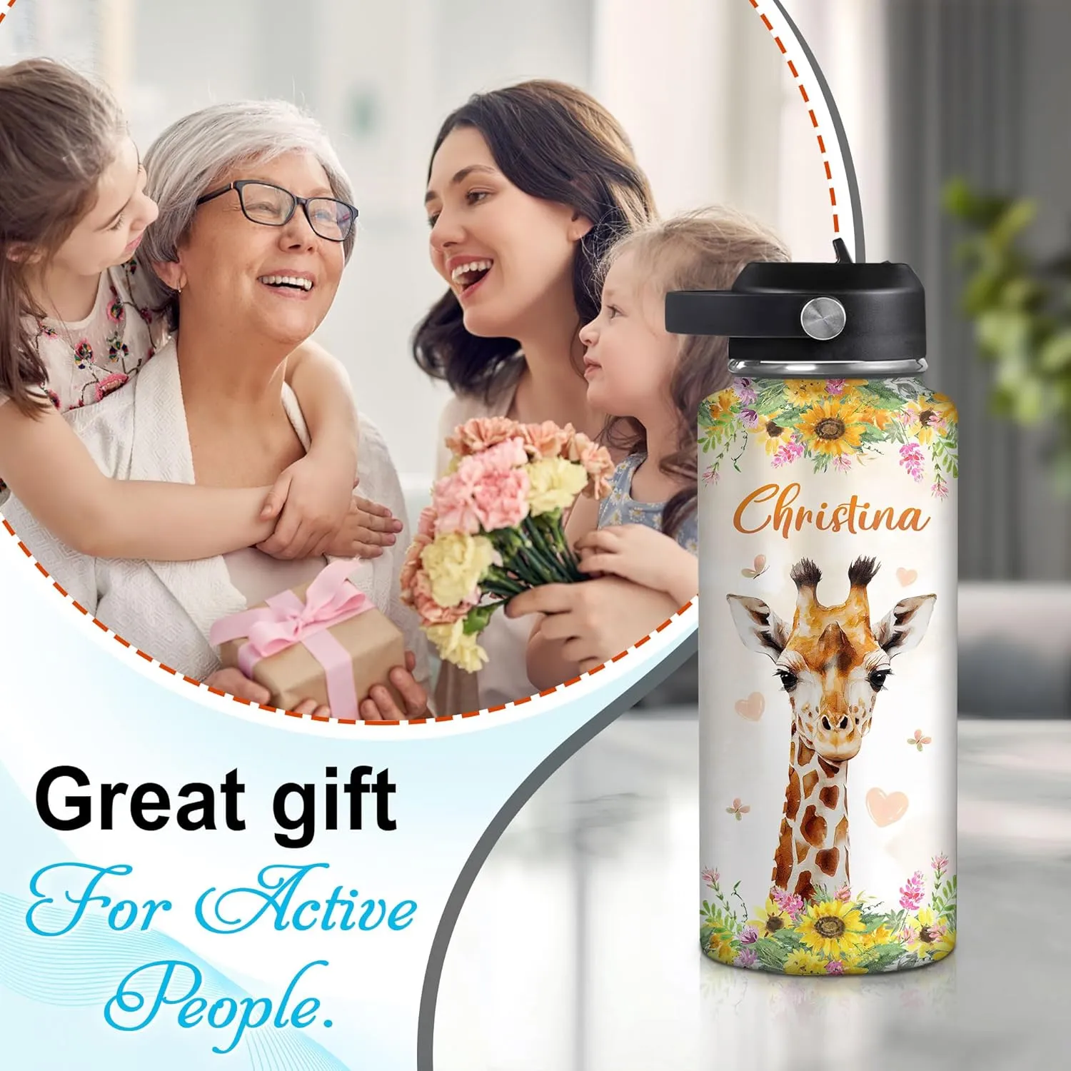 Hyturtle Personalized Giraffe Water Bottle - Custom Name Insulated Stainless Steel Bottle with Leak-Proof Lid 18oz 32oz - Animal Lover Gift for Women Girls Giraffe Lovers - Birthday & Christmas Gift
