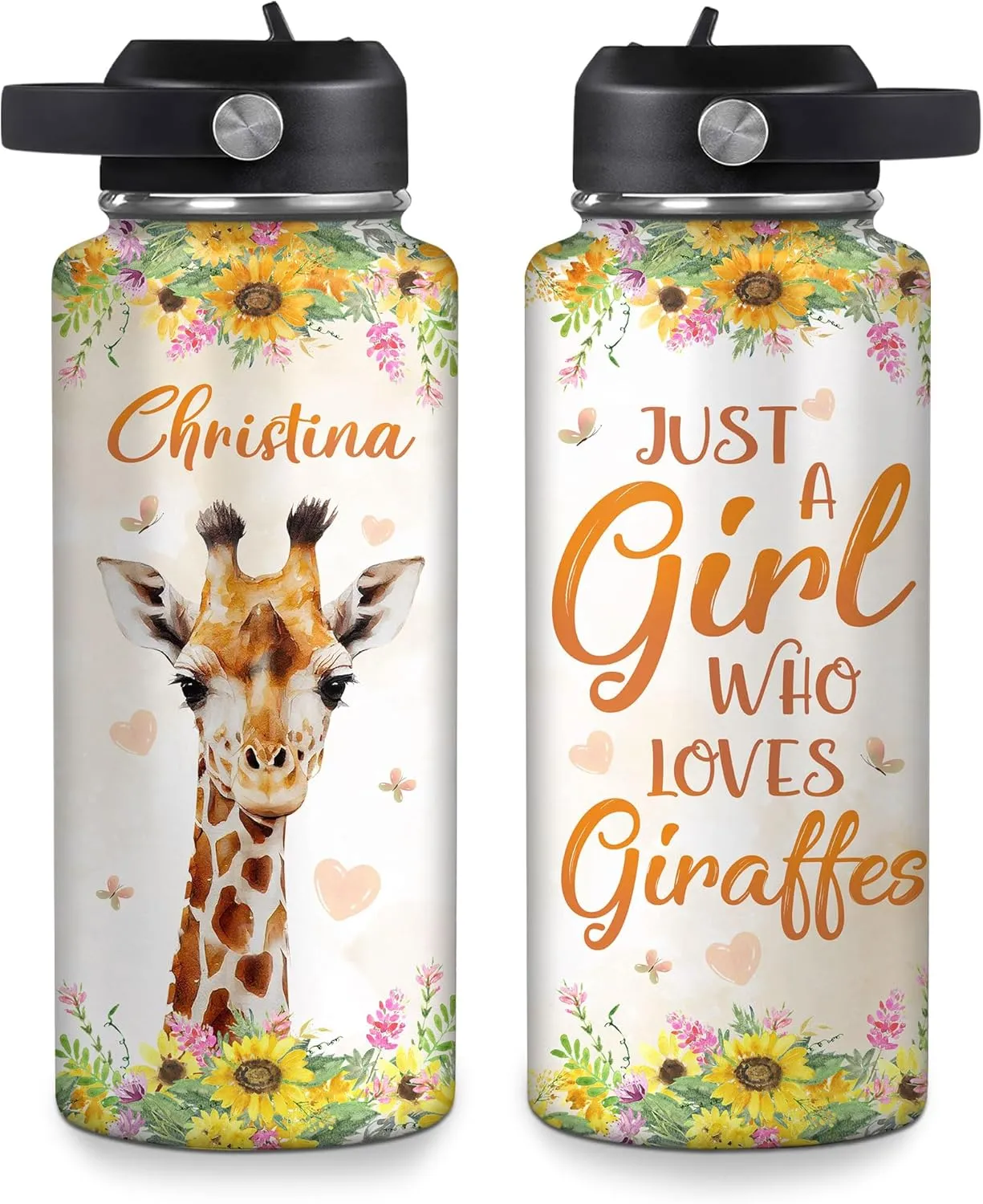 Hyturtle Personalized Giraffe Water Bottle - Custom Name Insulated Stainless Steel Bottle with Leak-Proof Lid 18oz 32oz - Animal Lover Gift for Women Girls Giraffe Lovers - Birthday & Christmas Gift