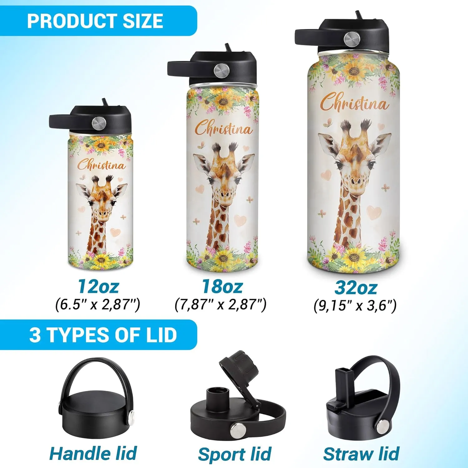 Hyturtle Personalized Giraffe Water Bottle - Custom Name Insulated Stainless Steel Bottle with Leak-Proof Lid 18oz 32oz - Animal Lover Gift for Women Girls Giraffe Lovers - Birthday & Christmas Gift
