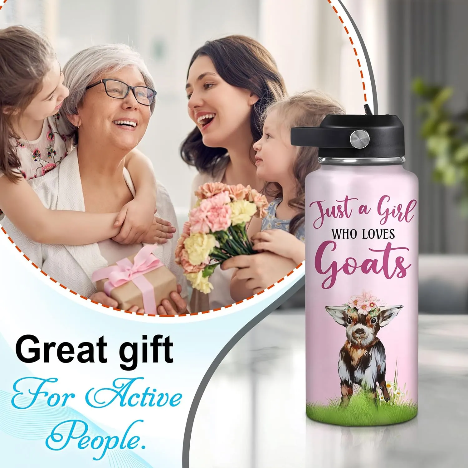 Hyturtle Personalized Goat Water Bottle - Custom Name Insulated Stainless Steel Bottle with Leak-Proof Lid 18oz 32oz - Cute Animal Gift for Goat Lovers, Women, Girls - Birthday & Christmas Gift
