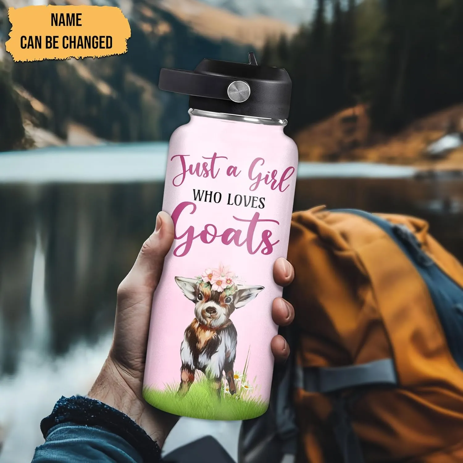 Hyturtle Personalized Goat Water Bottle - Custom Name Insulated Stainless Steel Bottle with Leak-Proof Lid 18oz 32oz - Cute Animal Gift for Goat Lovers, Women, Girls - Birthday & Christmas Gift