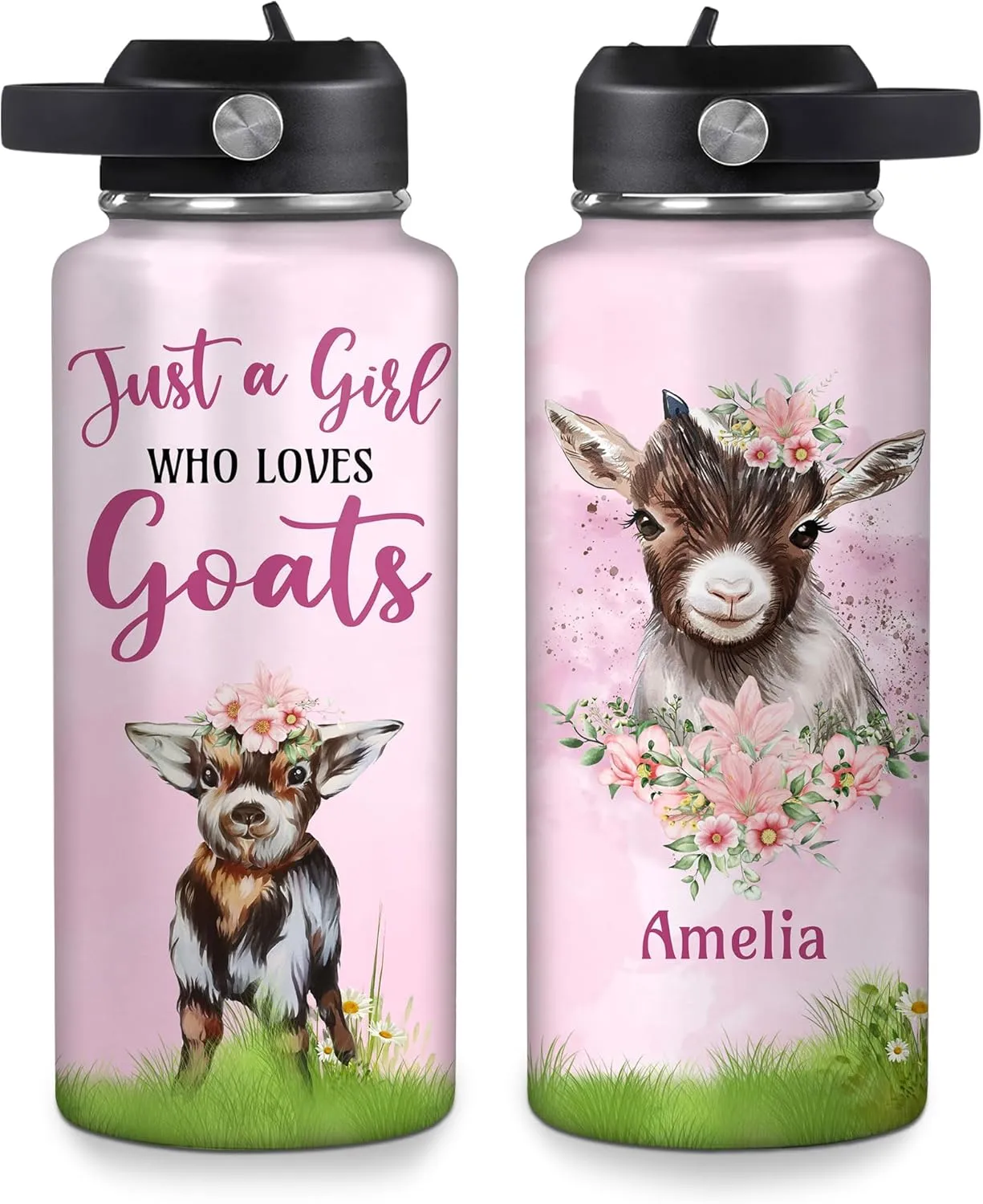 Hyturtle Personalized Goat Water Bottle - Custom Name Insulated Stainless Steel Bottle with Leak-Proof Lid 18oz 32oz - Cute Animal Gift for Goat Lovers, Women, Girls - Birthday & Christmas Gift