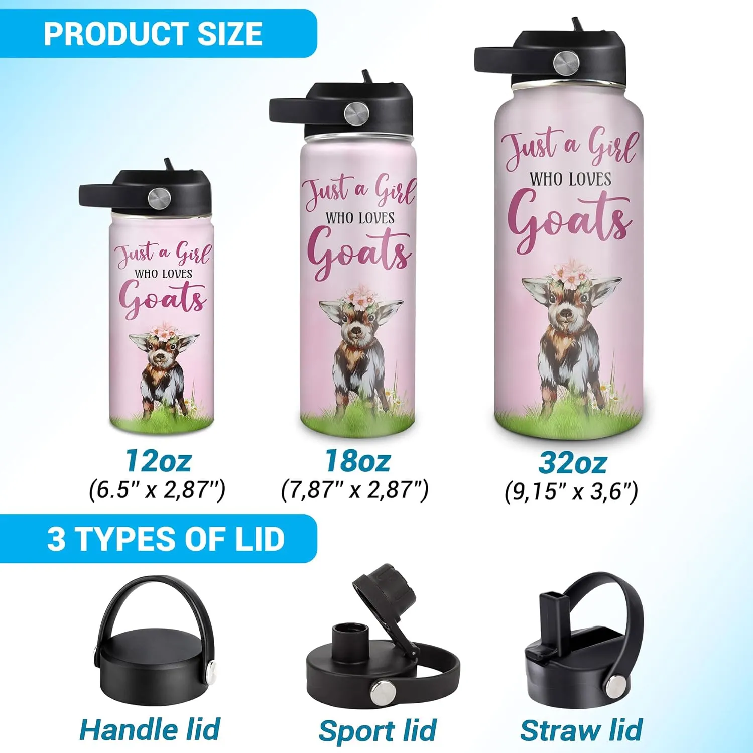 Hyturtle Personalized Goat Water Bottle - Custom Name Insulated Stainless Steel Bottle with Leak-Proof Lid 18oz 32oz - Cute Animal Gift for Goat Lovers, Women, Girls - Birthday & Christmas Gift