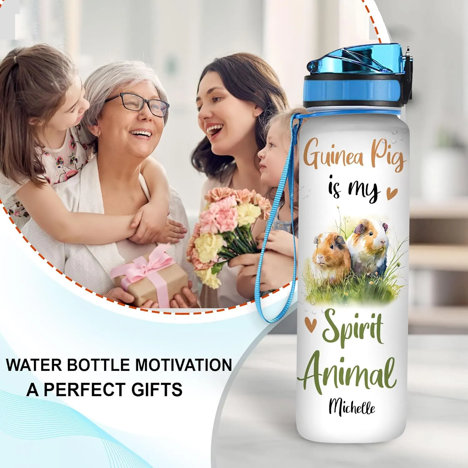 Hyturtle Personalized Guinea Pig 32Oz Liter Motivational Water Bottle, Guinea Pig Is My Spirit Animal Customized Name Water Bottle With Time Marker Gift For Women Girl On Birthday, Mother Day's