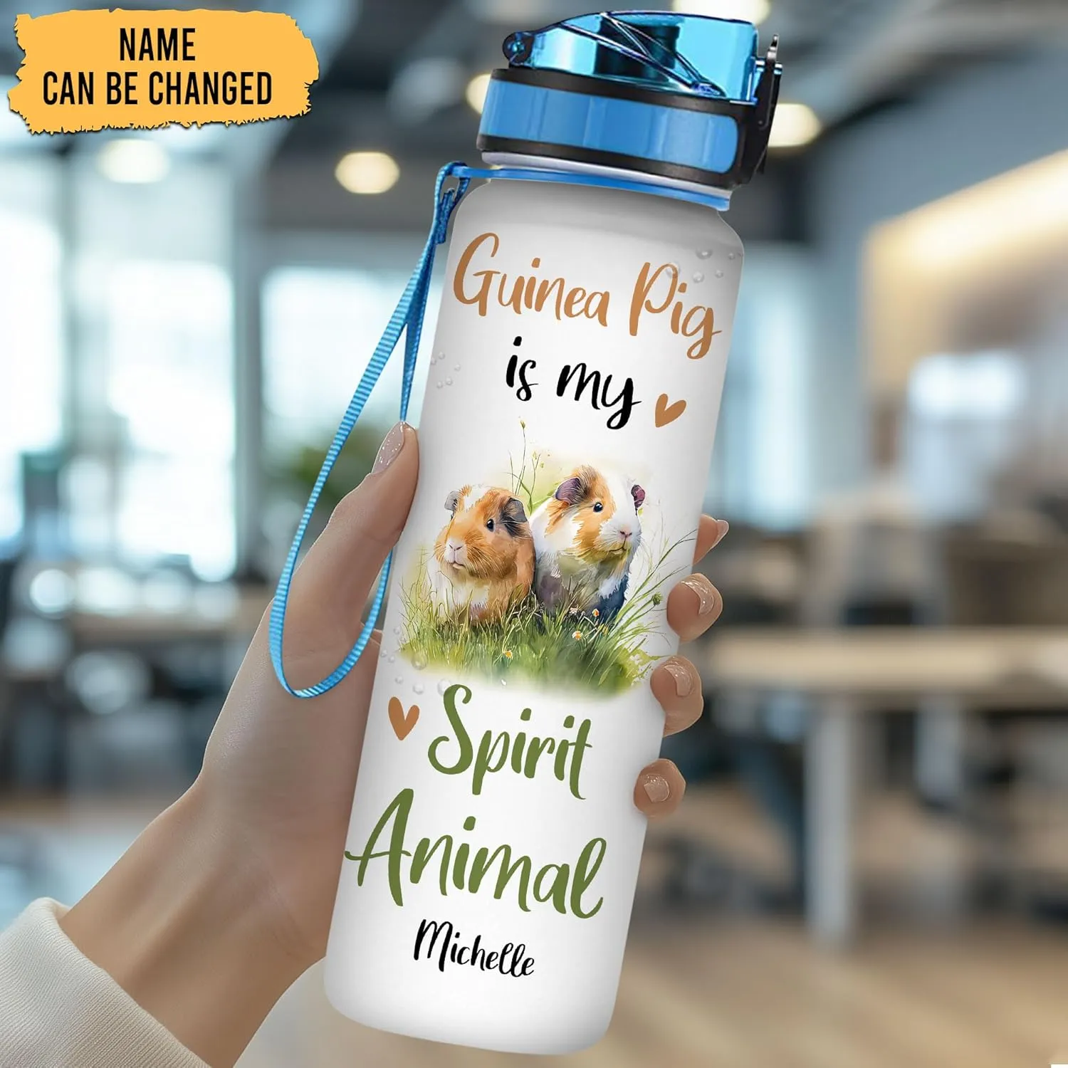 Hyturtle Personalized Guinea Pig 32Oz Liter Motivational Water Bottle, Guinea Pig Is My Spirit Animal Customized Name Water Bottle With Time Marker Gift For Women Girl On Birthday, Mother Day's